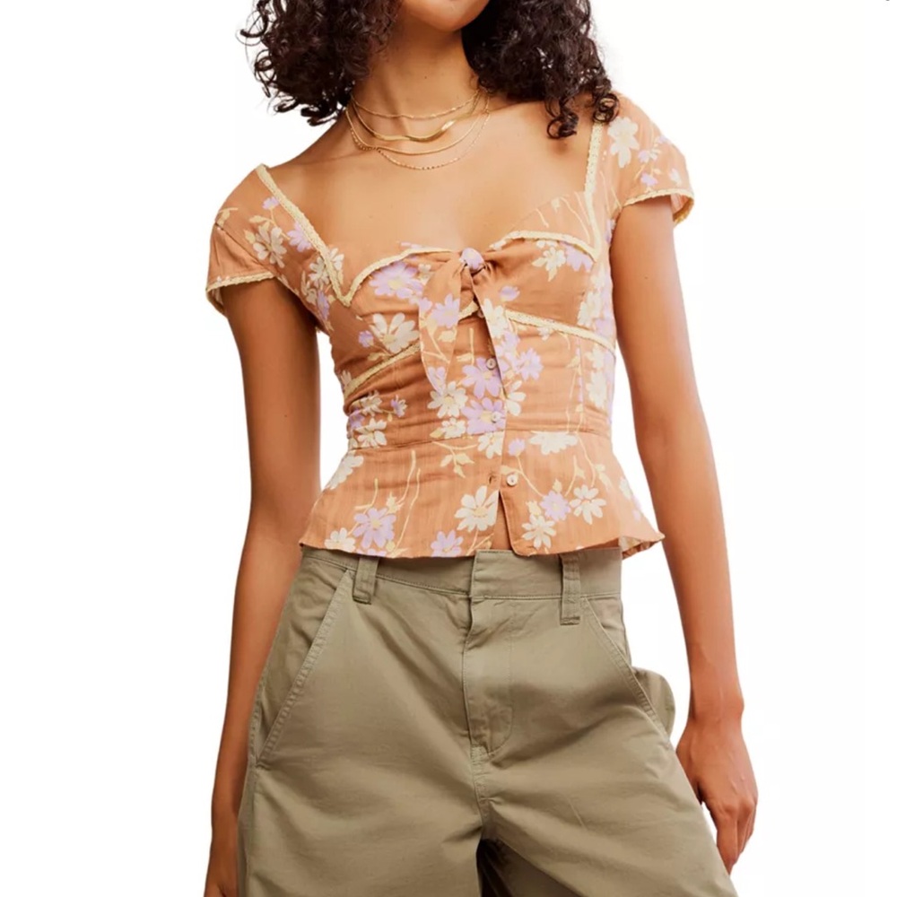 Free People Peach Floral Tie-Front Puff Sleeve Blouse